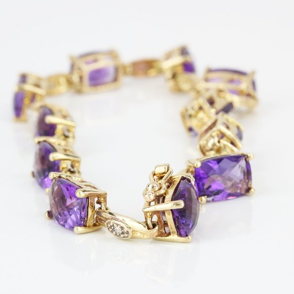 Vintage 10K Yellow Gold Purple Amethyst Diamond Anniversary Birthstone Bracelet - Picture 5 of 9
